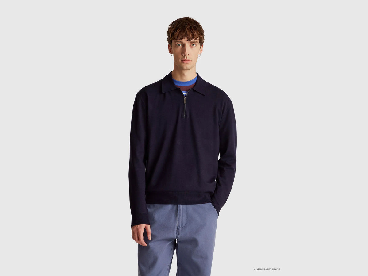 Benetton Dark Blue Men Knit Polo in Viscose Blend SKU: 110XU301L_3C1 Image 01