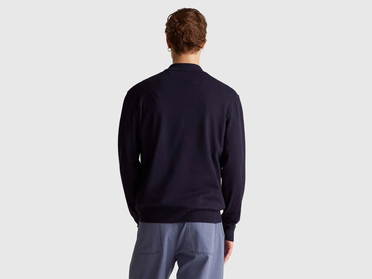 Benetton Dark Blue Men Knit Polo in Viscose Blend SKU: 110XU301L_3C1 Image 02
