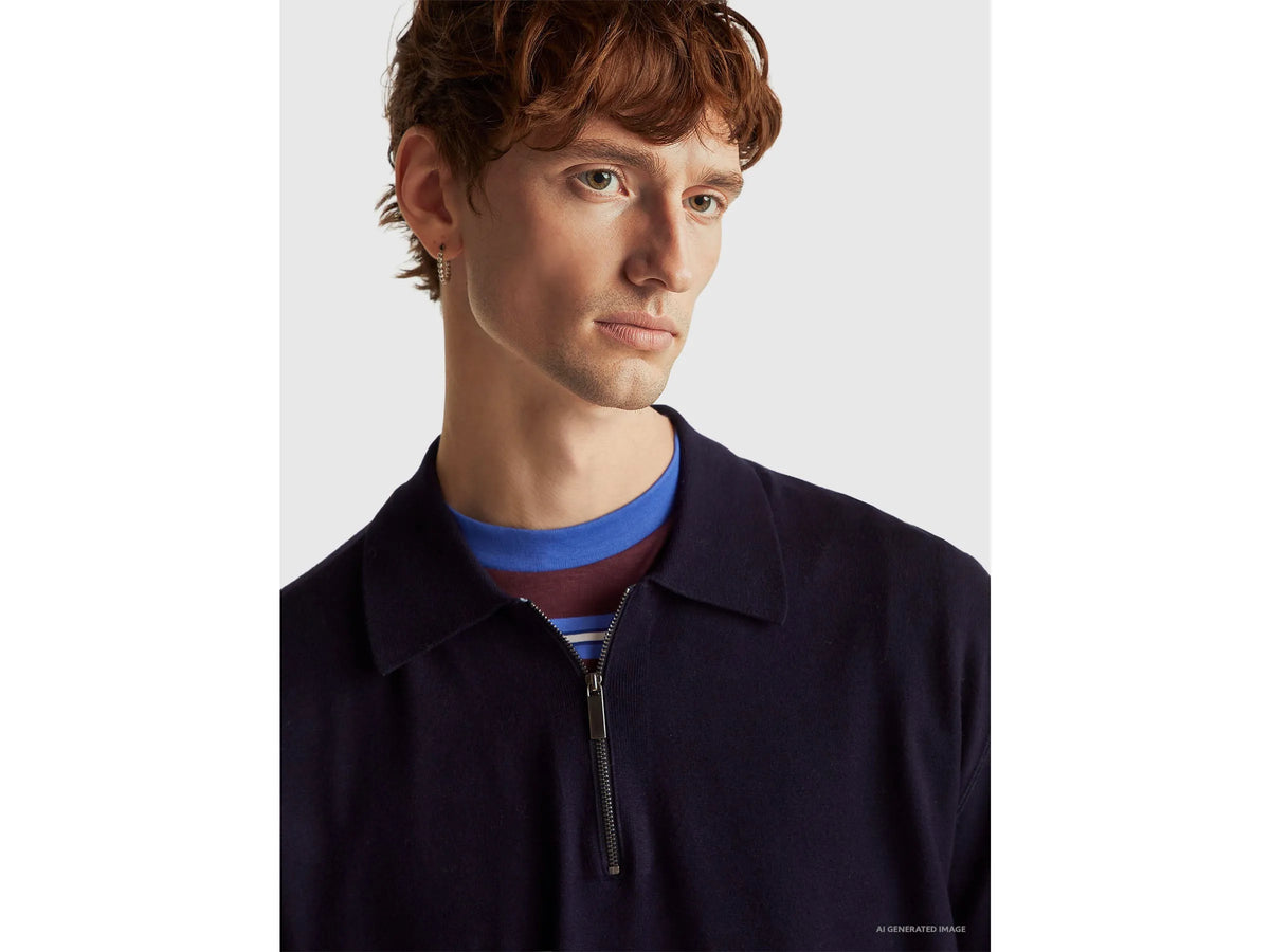 Benetton Dark Blue Men Knit Polo in Viscose Blend SKU: 110XU301L_3C1 Image 04