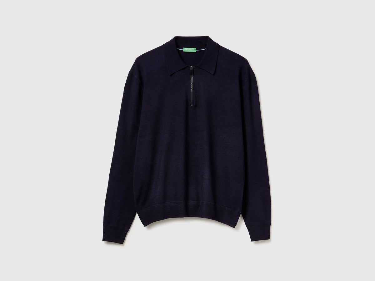 Benetton Dark Blue Men Knit Polo in Viscose Blend SKU: 110XU301L_3C1 Image 05