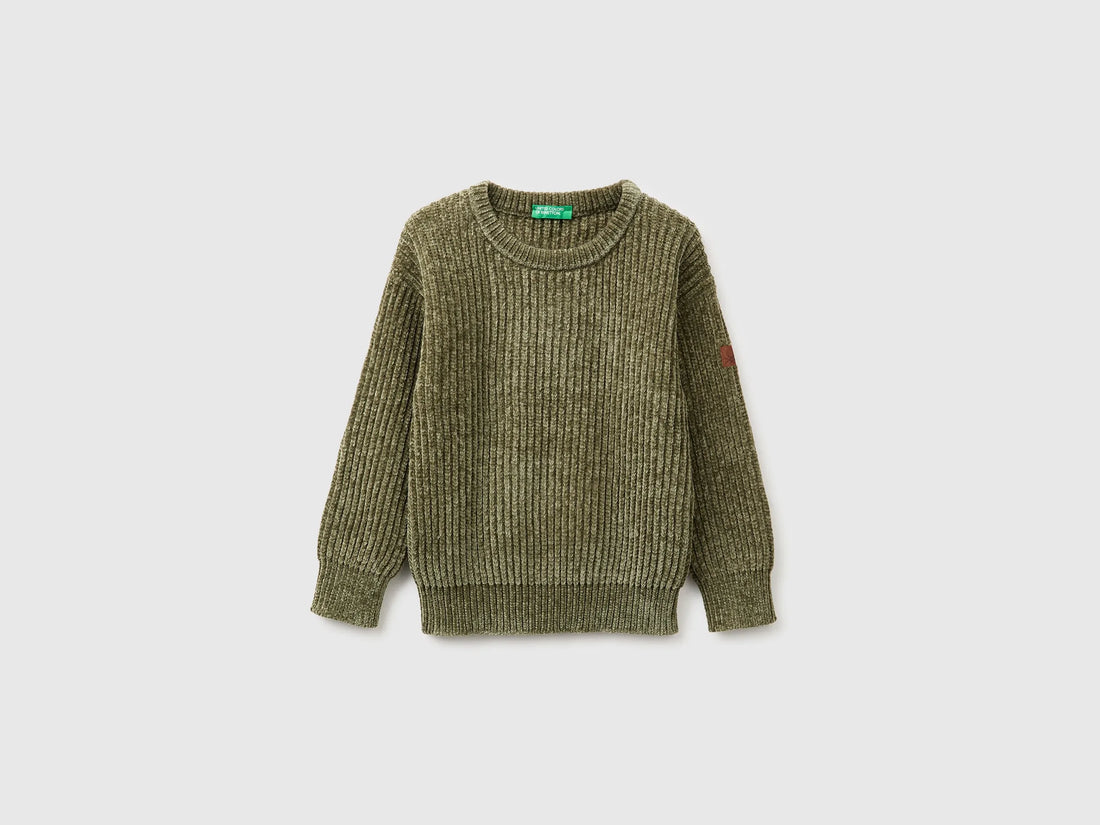 Benetton Military Green Boys Chenille Crew Neck Sweater SKU: 117KG101C_07N Image 01