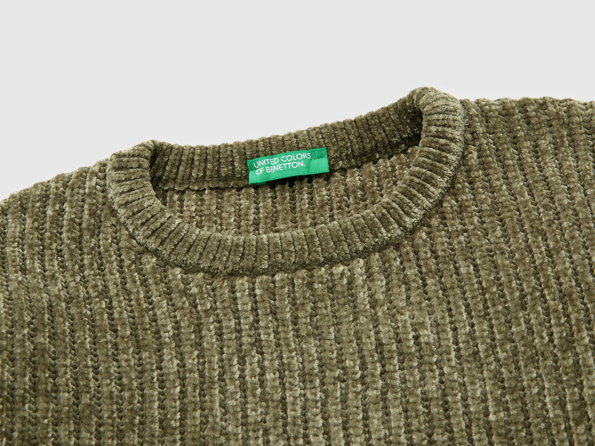 Benetton Military Green Boys Chenille Crew Neck Sweater SKU: 117KG101C_07N Image 03