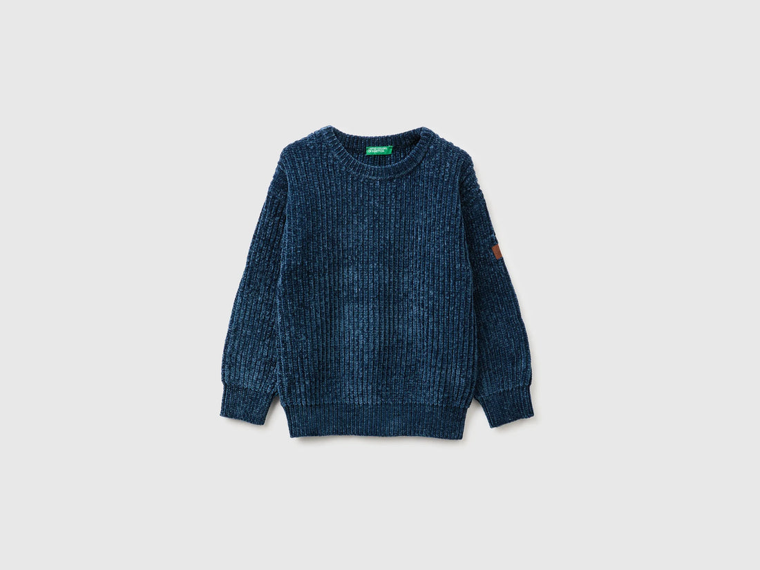 Benetton Dark Blue Boys Chenille Crew Neck Sweater SKU: 117KG101C_37T Image 01