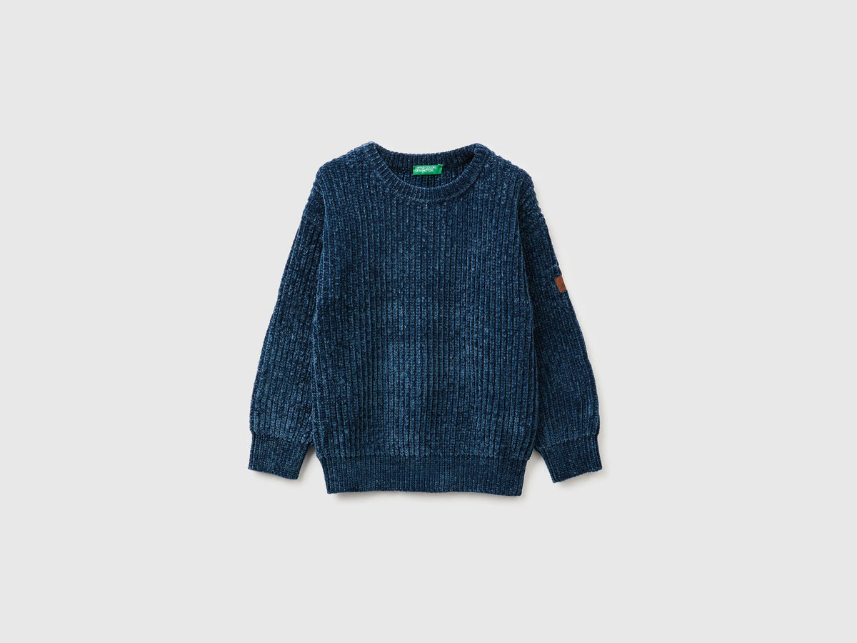 Benetton Dark Blue Boys Chenille Crew Neck Sweater SKU: 117KG101C_37T Image 01
