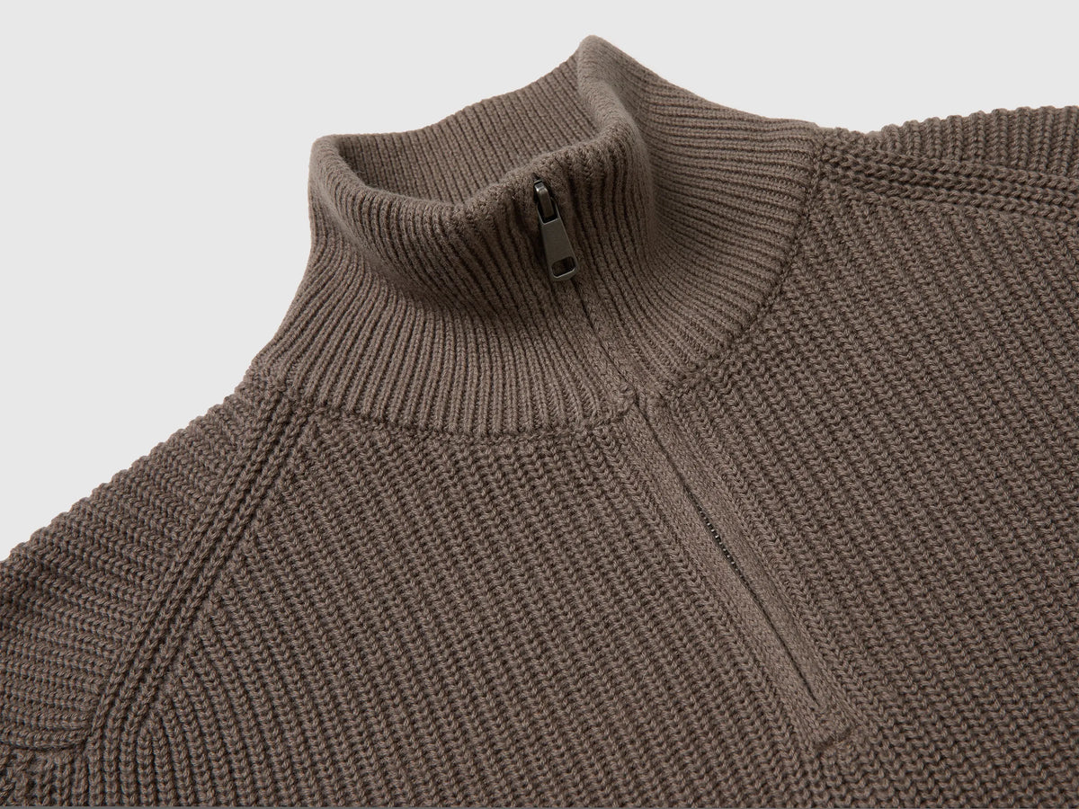 Benetton Dove Gray Men Mock Neck Sweater with Half Zip SKU: 12D5U202D_17K Image 03
