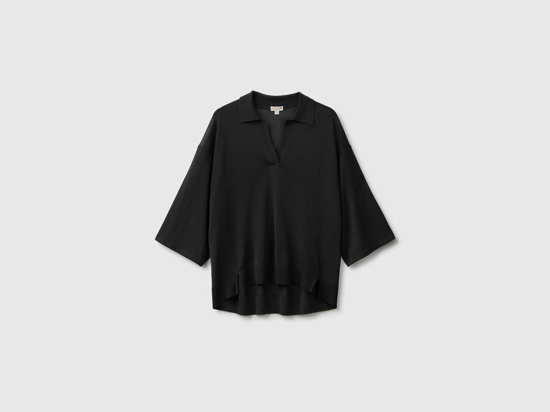 Benetton Black Women Bamboo Viscose Blend Knit Polo Shirt SKU: 13I8D301P_100 Image 01