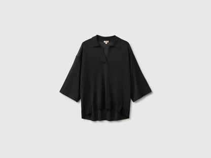 Benetton Black Women Bamboo Viscose Blend Knit Polo Shirt SKU: 13I8D301P_100 Image 01