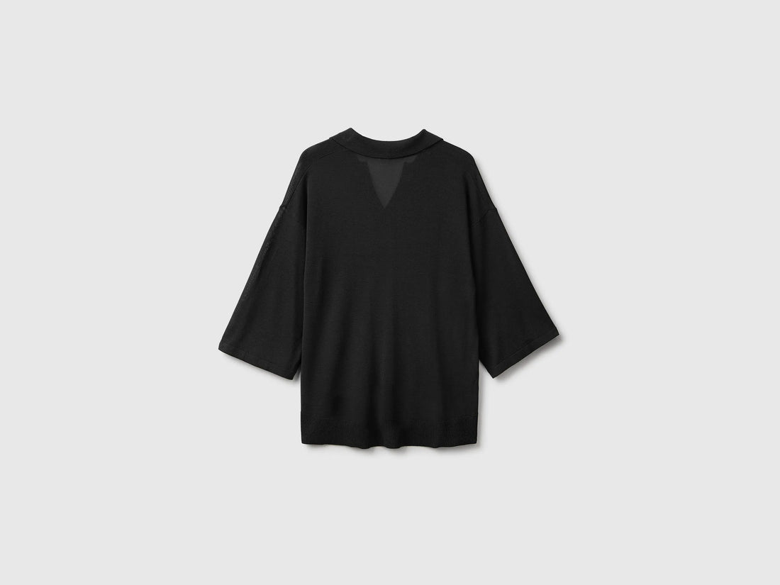 Benetton Black Women Bamboo Viscose Blend Knit Polo Shirt SKU: 13I8D301P_100 Image 02