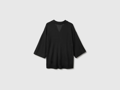 Benetton Black Women Bamboo Viscose Blend Knit Polo Shirt SKU: 13I8D301P_100 Image 02