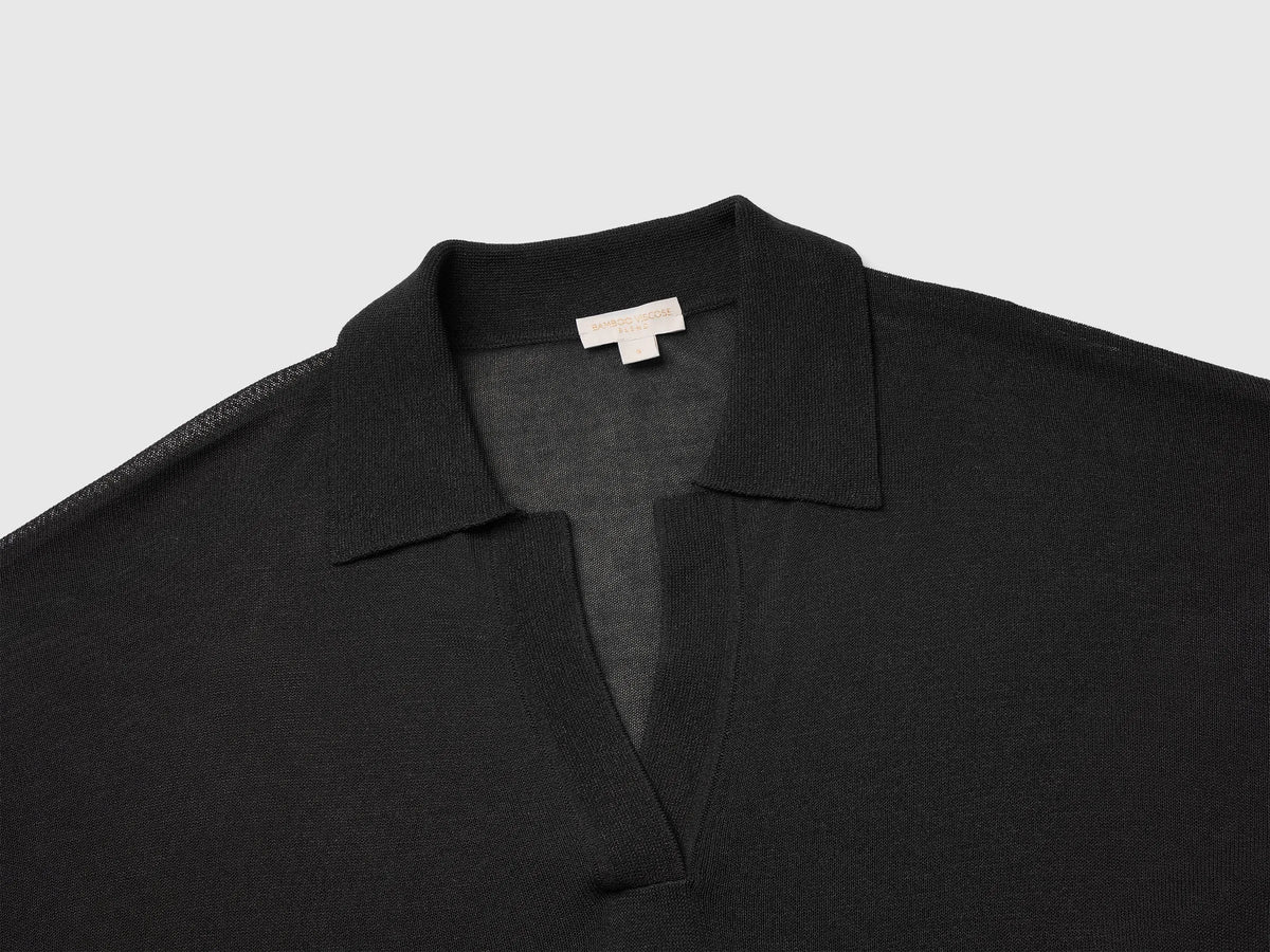 Benetton Black Women Bamboo Viscose Blend Knit Polo Shirt SKU: 13I8D301P_100 Image 03