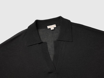 Benetton Black Women Bamboo Viscose Blend Knit Polo Shirt SKU: 13I8D301P_100 Image 03