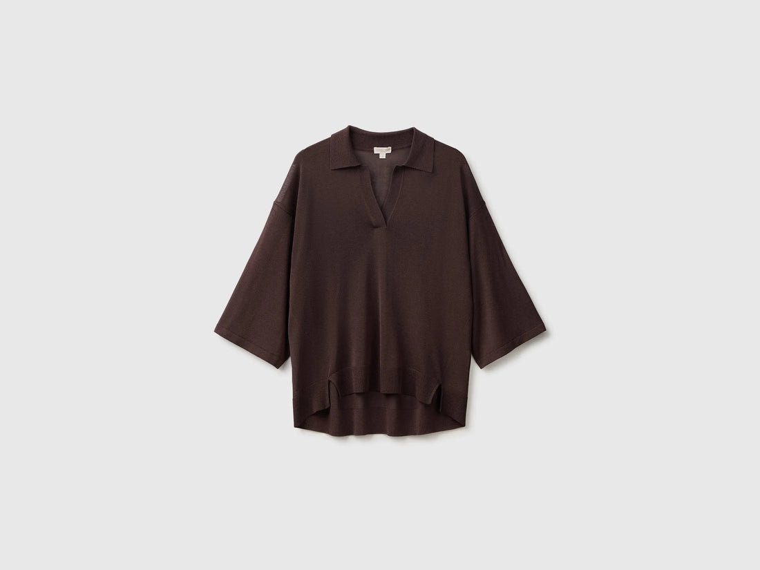 Benetton Brown Women Bamboo Viscose Blend Knit Polo Shirt SKU: 13I8D301P_33T Image 01
