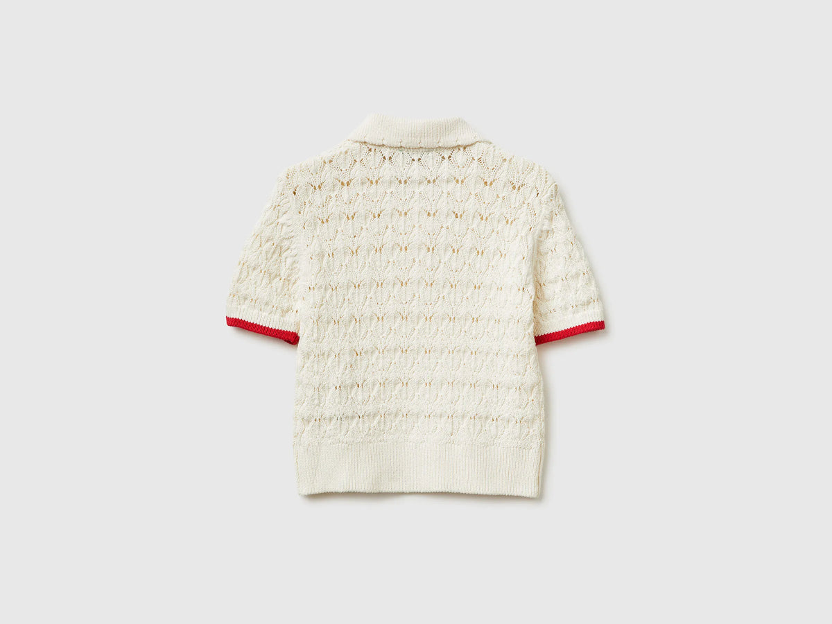 Benetton Creamy White Girls Knitted Polo Shirt SKU: 13KNQ300A_074 Image 02