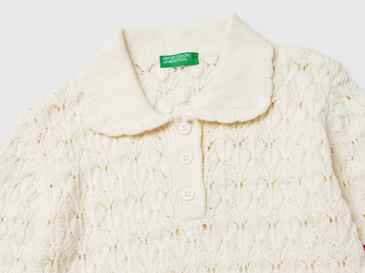 Benetton Creamy White Girls Knitted Polo Shirt SKU: 13KNQ300A_074 Image 03