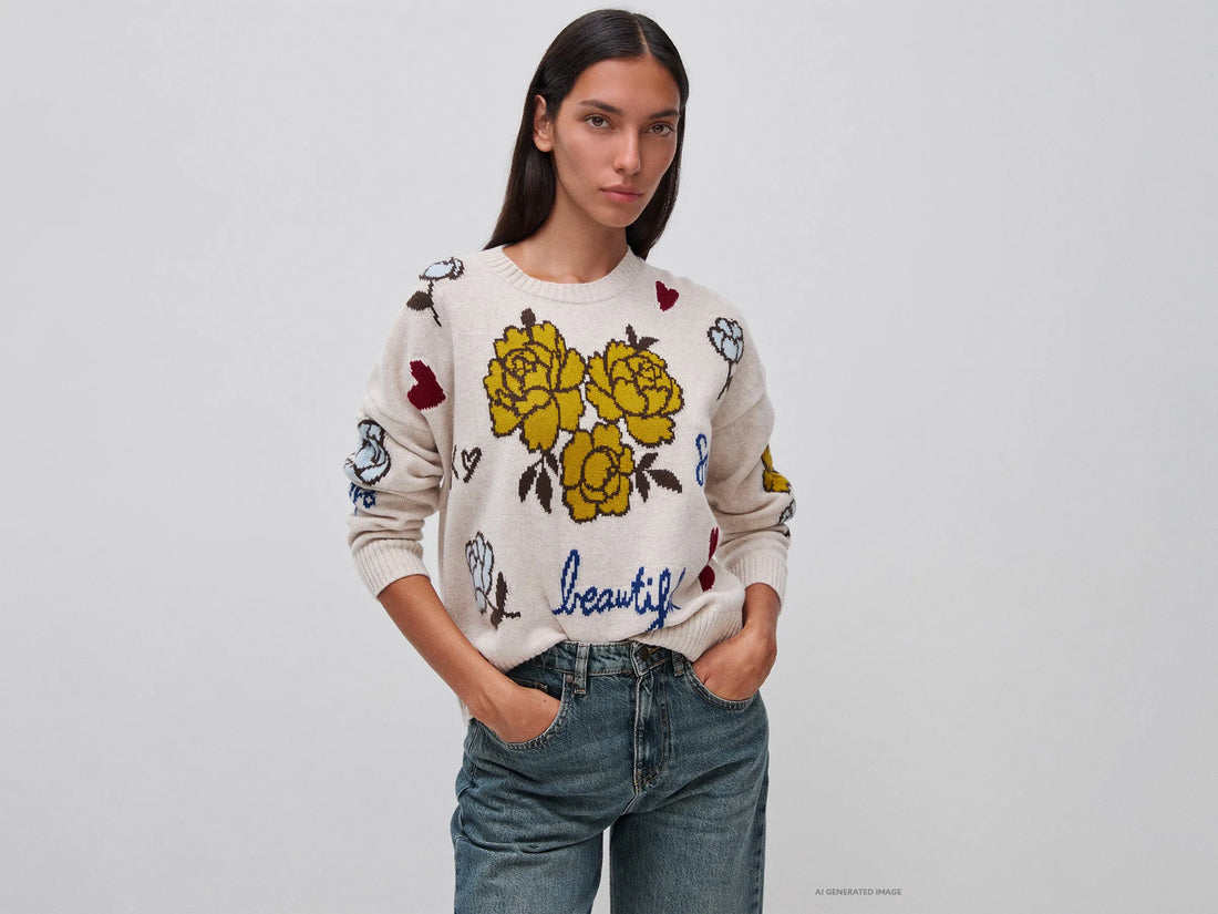 Benetton Beige Women 100% Wool Sweater with Floral Inlay SKU: 151UE10HS_901 Image 01