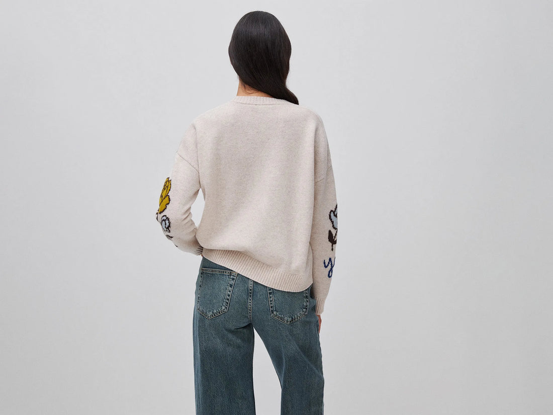 Benetton Beige Women 100% Wool Sweater with Floral Inlay SKU: 151UE10HS_901 Image 02