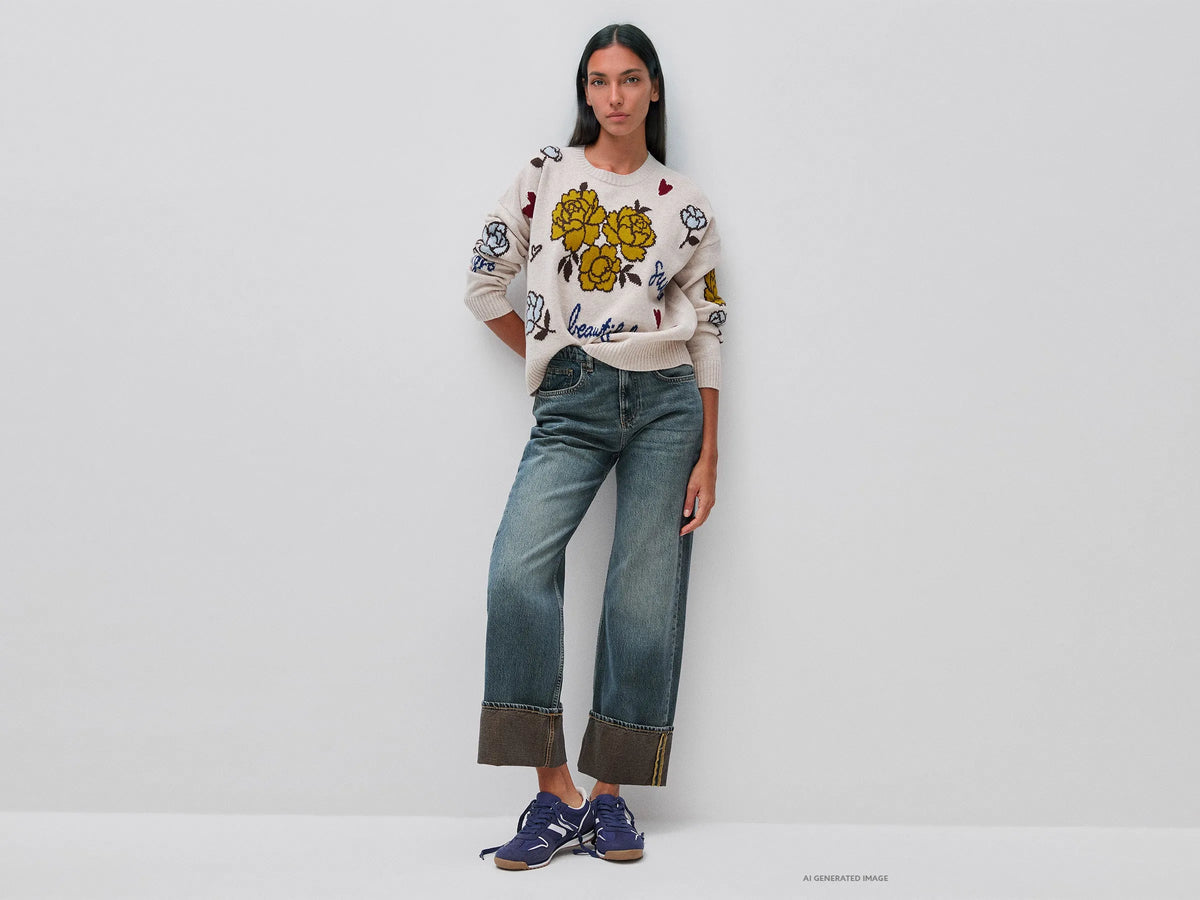 Benetton Beige Women 100% Wool Sweater with Floral Inlay SKU: 151UE10HS_901 Image 03
