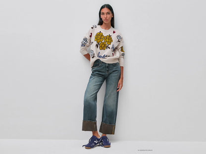 Benetton Beige Women 100% Wool Sweater with Floral Inlay SKU: 151UE10HS_901 Image 03