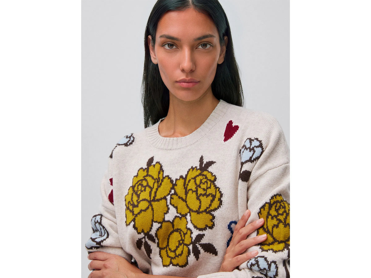 Benetton Beige Women 100% Wool Sweater with Floral Inlay SKU: 151UE10HS_901 Image 04