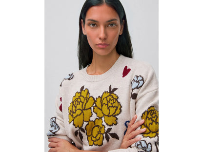 Benetton Beige Women 100% Wool Sweater with Floral Inlay SKU: 151UE10HS_901 Image 04