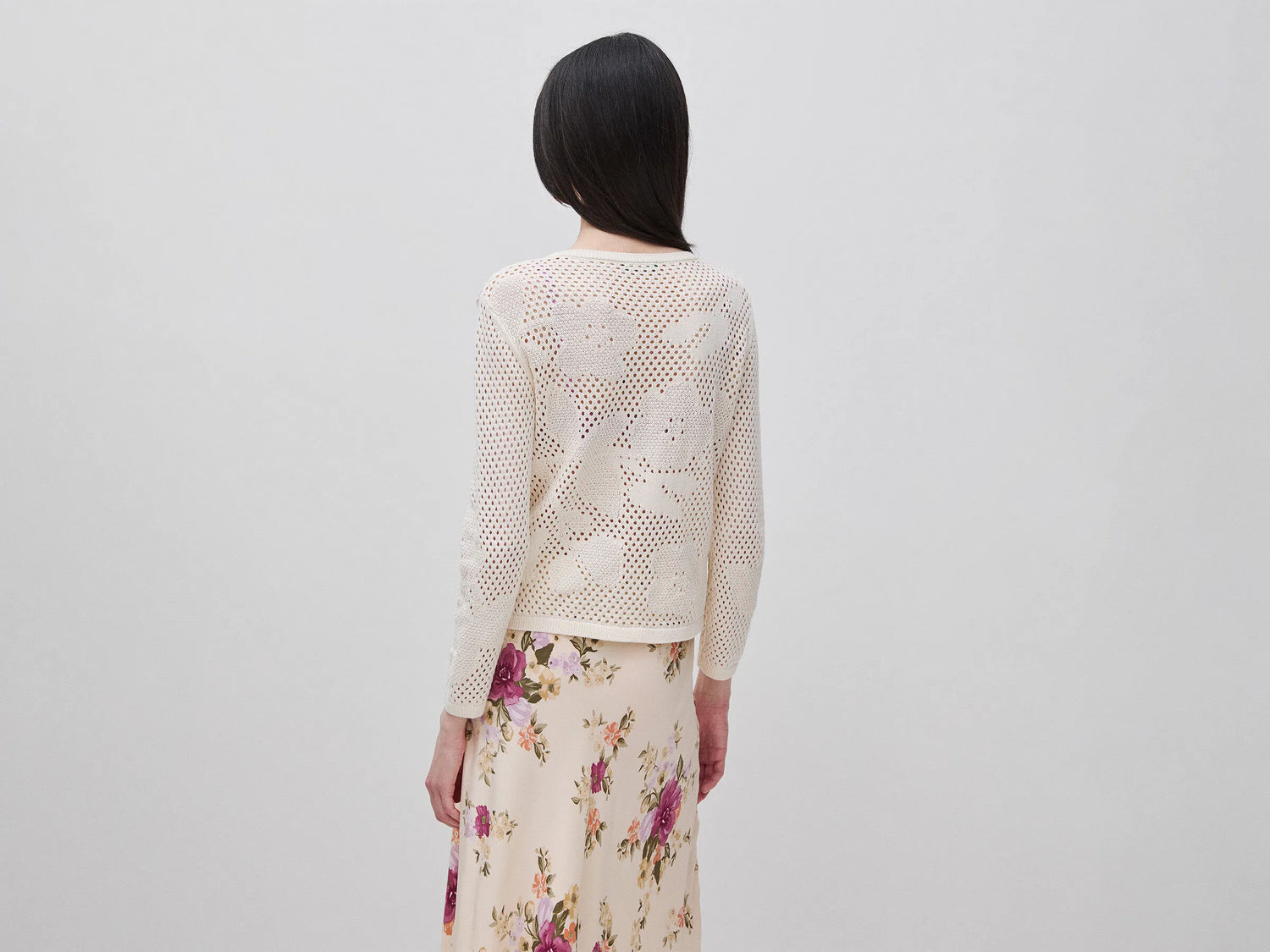Benetton Creamy White Women Openwork Sweater with Flowers SKU: 16EVD10GP_0R2 Image 02