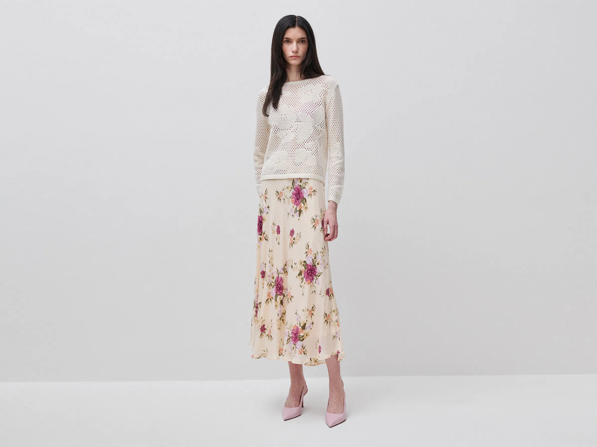 Benetton Creamy White Women Openwork Sweater with Flowers SKU: 16EVD10GP_0R2 Image 03