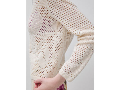 Benetton Creamy White Women Openwork Sweater with Flowers SKU: 16EVD10GP_0R2 Image 04