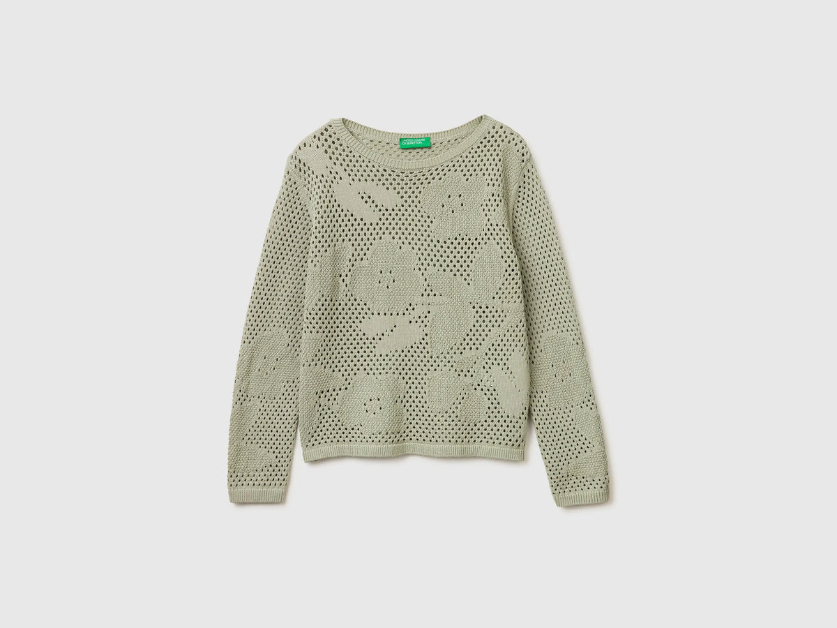 Benetton Light Green Women Openwork Sweater with Flowers SKU: 16EVD10GP_17E Image 01