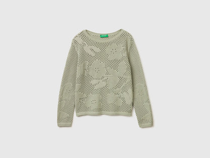 Benetton Light Green Women Openwork Sweater with Flowers SKU: 16EVD10GP_17E Image 01