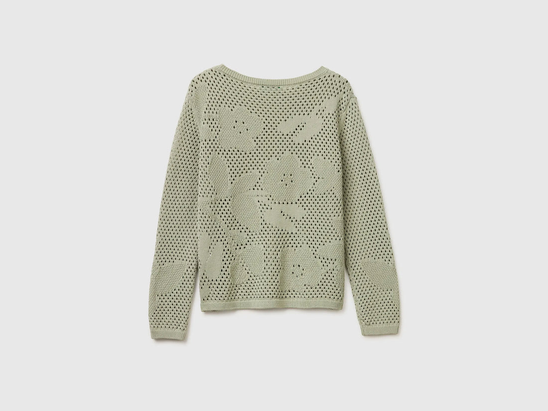 Benetton Light Green Women Openwork Sweater with Flowers SKU: 16EVD10GP_17E Image 02