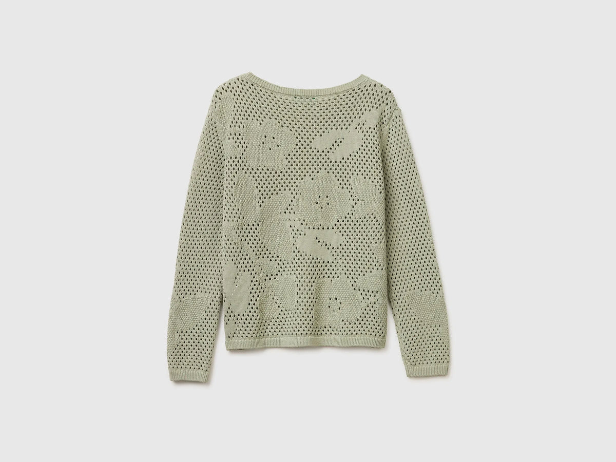 Benetton Light Green Women Openwork Sweater with Flowers SKU: 16EVD10GP_17E Image 02