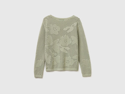 Benetton Light Green Women Openwork Sweater with Flowers SKU: 16EVD10GP_17E Image 02