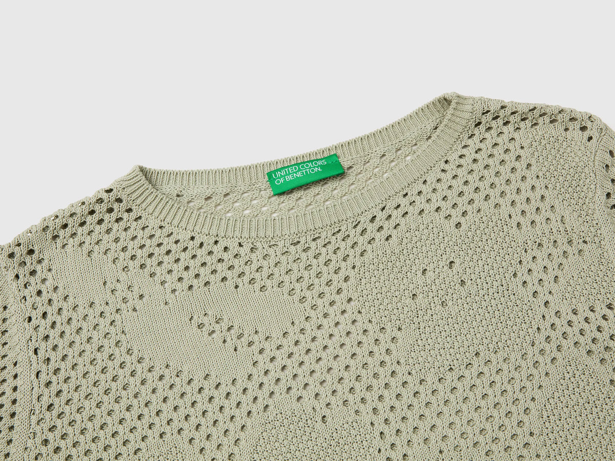 Benetton Light Green Women Openwork Sweater with Flowers SKU: 16EVD10GP_17E Image 03