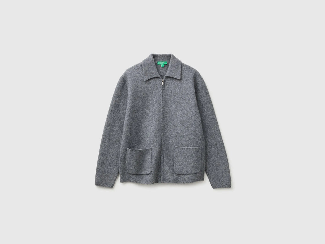 Benetton Dark Gray Men 100% Boiled Wool Jacket with Zip SKU: 19KRU501I_507 Image 01