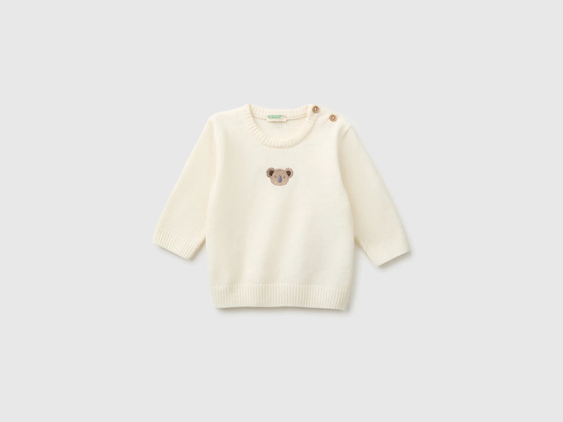 Benetton Creamy White New Born Chenille Sweater with Embroidery SKU: 19MVA101O_0R2 Image 01