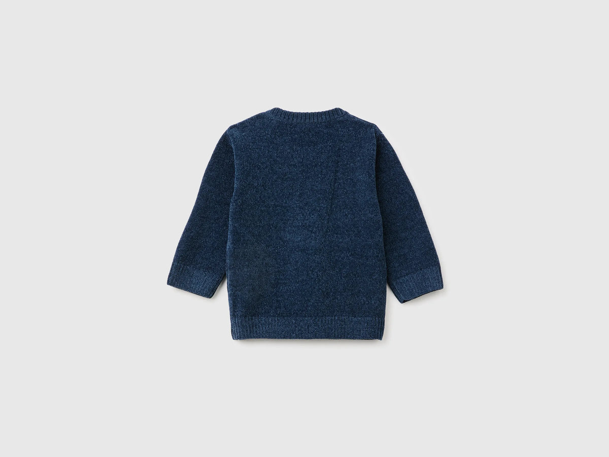 Benetton Blue New Born Chenille Sweater with Embroidery SKU: 19MVA101O_355 Image 02
