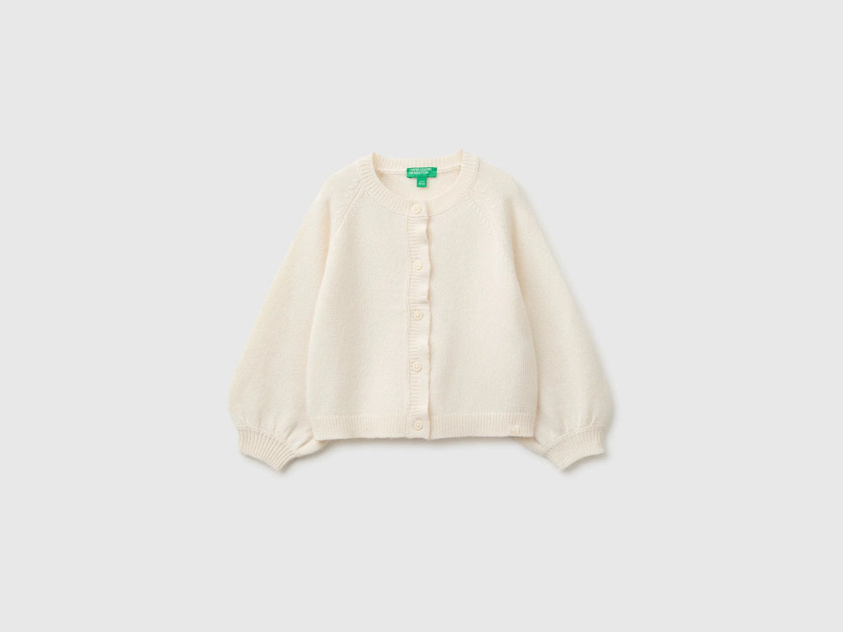 Benetton Creamy White Girls Crew Neck Cardigan with Buttons SKU: 19WPG500U_0R2 Image 01