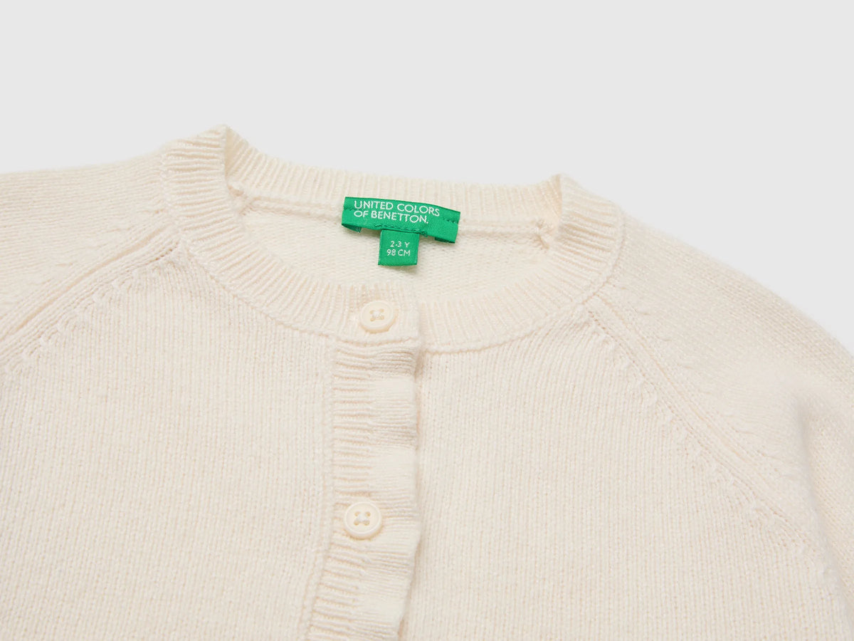 Benetton Creamy White Girls Crew Neck Cardigan with Buttons SKU: 19WPG500U_0R2 Image 03