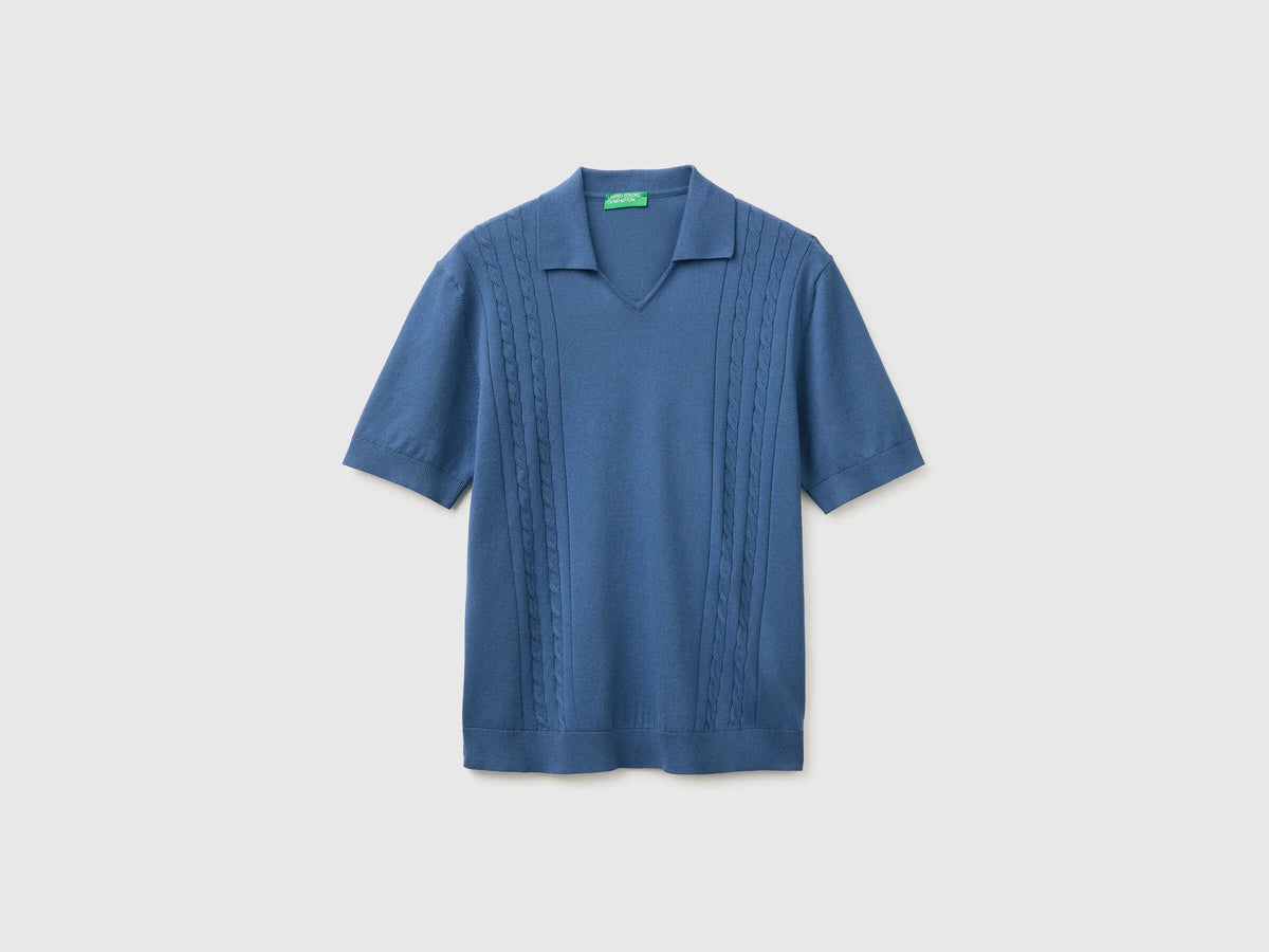Benetton Blue Men Knitted Polo Shirt with Cables SKU: 1D7ZU301U_217 Image 01