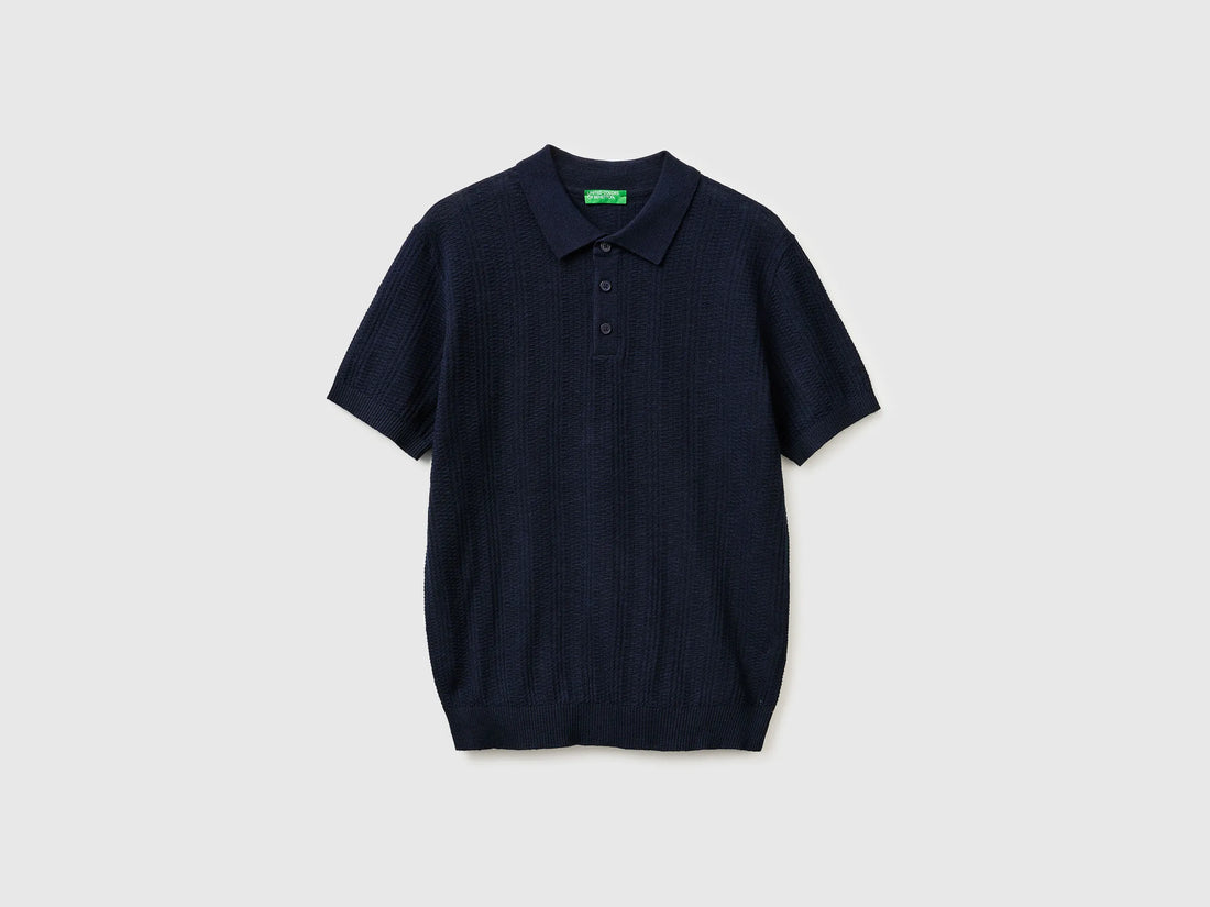 Benetton Dark Blue Men Textured Linen Blend Polo Shirt SKU: 1DC3U301T_016 Image 01