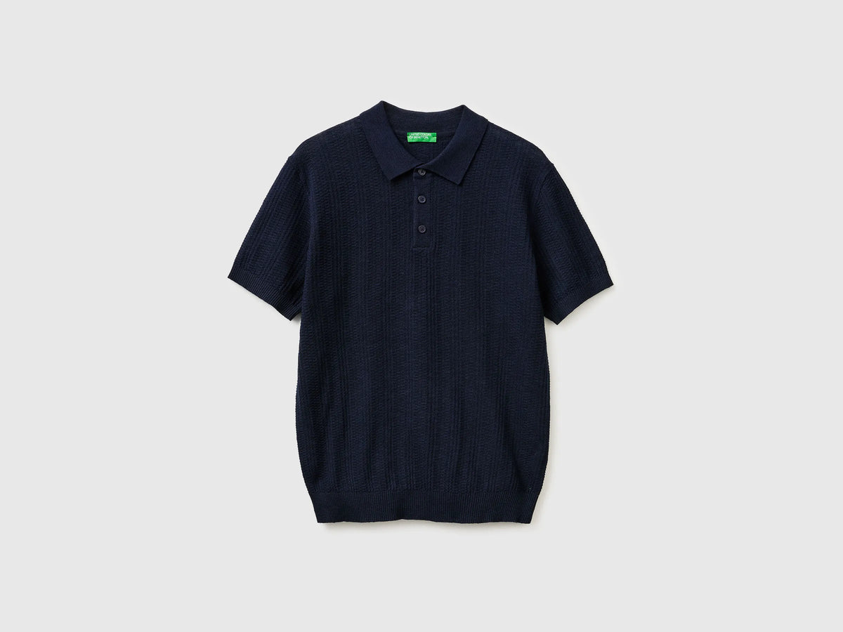 Benetton Dark Blue Men Textured Linen Blend Polo Shirt SKU: 1DC3U301T_016 Image 01
