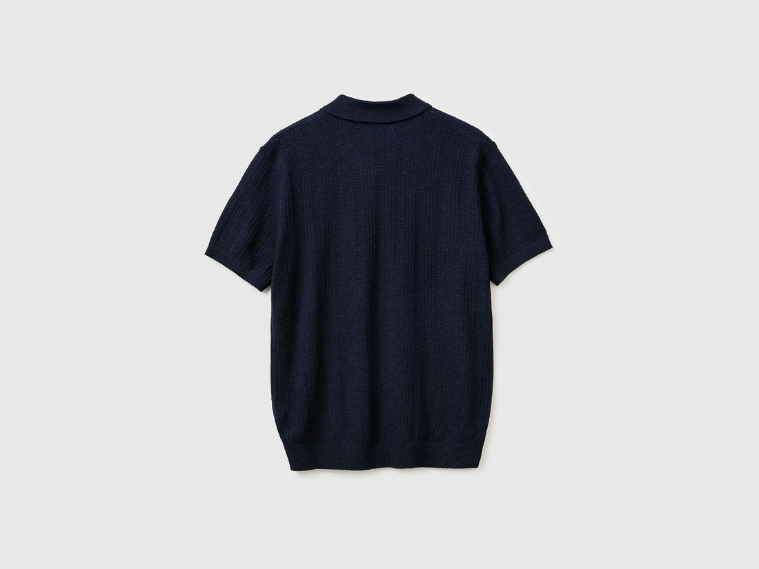 Benetton Dark Blue Men Textured Linen Blend Polo Shirt SKU: 1DC3U301T_016 Image 02
