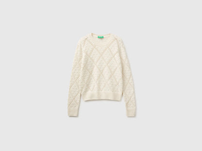 Benetton Creamy White Women Knitted Sweater in Wool Blend SKU: 1KJED10I8_600 Image 05