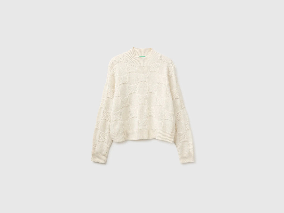 Benetton Creamy White Women Mock-Neck Sweater in Wool Blend SKU: 1KJED2058_600 Image 01