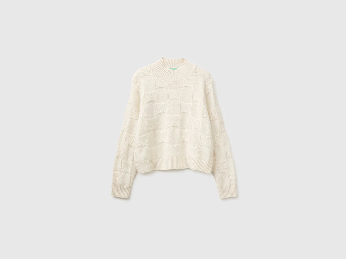 Benetton Creamy White Women Mock-Neck Sweater in Wool Blend SKU: 1KJED2058_600 Image 01