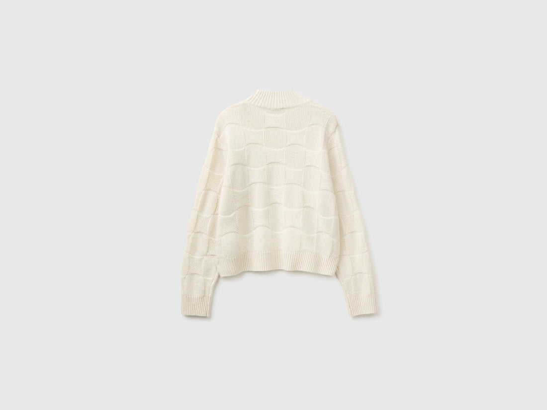 Benetton Creamy White Women Mock-Neck Sweater in Wool Blend SKU: 1KJED2058_600 Image 02