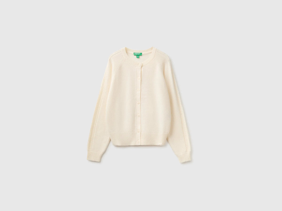 Benetton Creamy White Girls Wool Blend Cardigan SKU: 1LU4C501D_0R2 Image 01