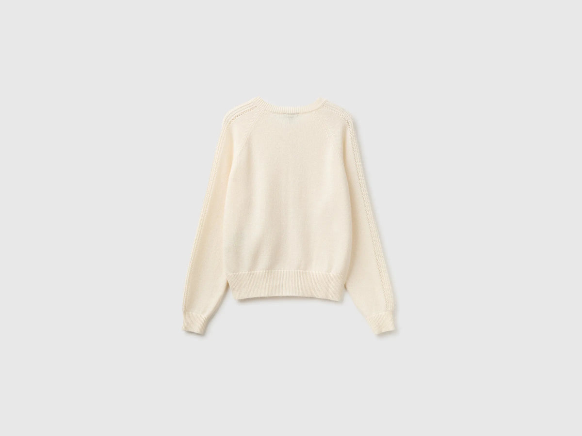 Benetton Creamy White Girls Wool Blend Cardigan SKU: 1LU4C501D_0R2 Image 02