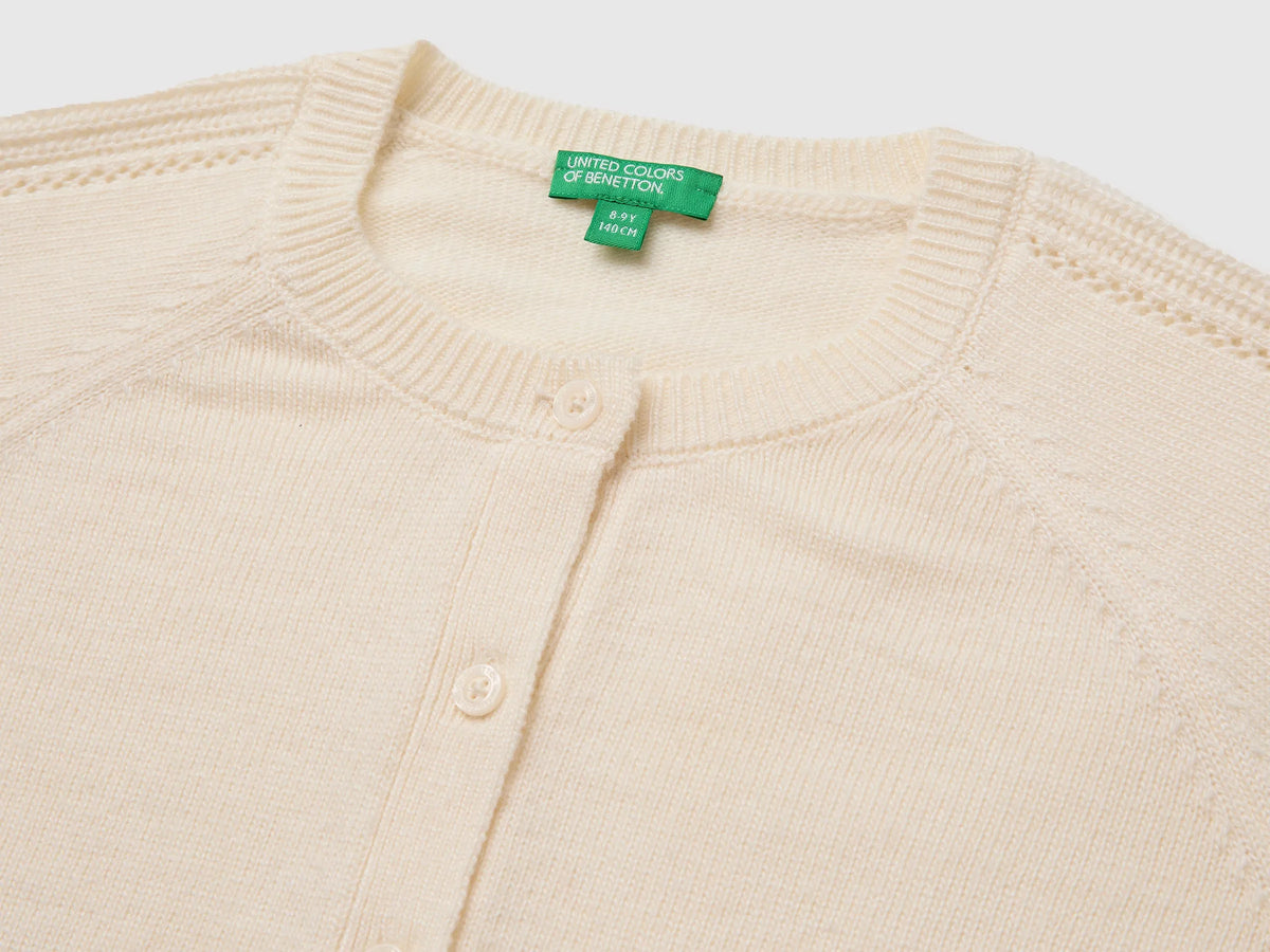 Benetton Creamy White Girls Wool Blend Cardigan SKU: 1LU4C501D_0R2 Image 03