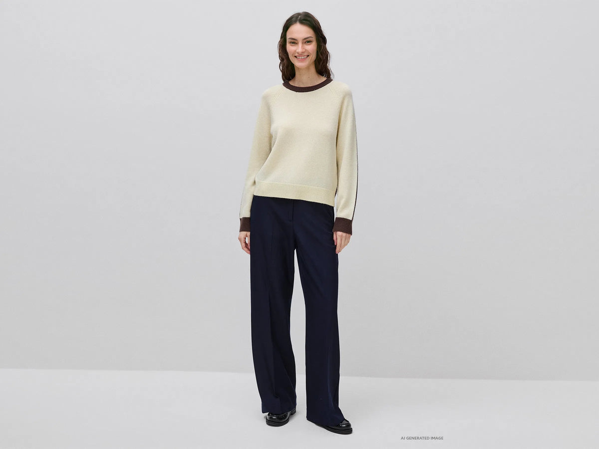 Benetton Creamy White Women 100% Wool Color Block Sweater SKU: 1M6NE10I0_903 Image 03